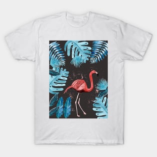 Flamingo with tropical leaves and a gray background T-Shirt